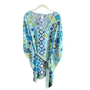 Trina Turk Moroccan Kimono Blue and Green Womens Size S Tie waist Swimsuit Cover